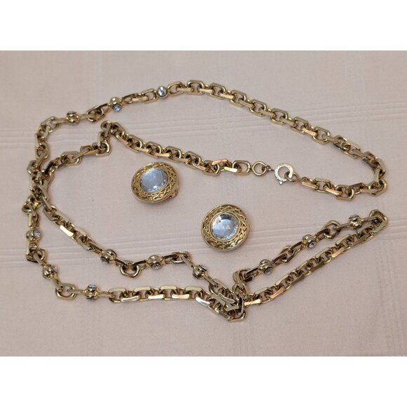 Gold Plated Chain Necklace W/ Glass Rhinestones & Coordinating Clip Earrings Set - Picture 12 of 12